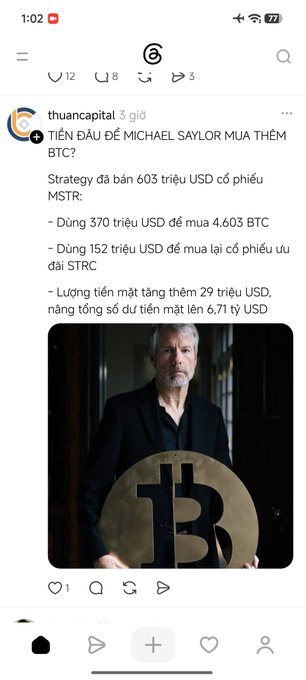 Vietnamese social media post from thuancapital about Strategy (Michael Saylor) spending $603 million to buy BTC, including an image of Saylor holding a Bitcoin symbol.