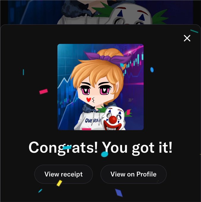 A pop-up screen reads "Congrats! You got it!" showing an anime-style character with orange hair, a purple headband, and a clown mask, with buttons to "View receipt" or "View on Profile."
