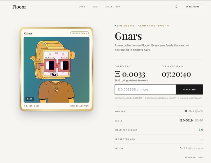The image shows the Floorr website's Gnars NFT collection page, displaying a pixel-art character card with "Gnars" branding and a "FLOOOR.FUN" tag. The auction interface shows a current bid of Ξ 0.0033, a vault of Ξ 0.0019 ($3.60), and 7:20:40 remaining in the claim phase—aligning with the post's link to floorr.fun/gnars for the @gnars_dao collection.