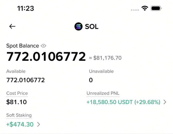 A crypto wallet screen showing SOL (Solana) spot balance of 772.0106772 (~$81,176.70) with +29.68% unrealized PNL.