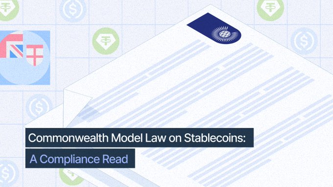 A graphic illustration featuring a Commonwealth flag document with the title text 'Commonwealth Model Law on Stablecoins: A Compliance Read' displayed over a grid pattern of currency icons.