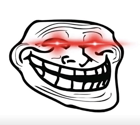 A black-and-white trollface meme with digitally added glowing red laser eyes glowing against a white background.