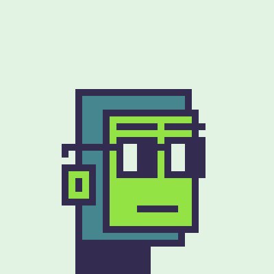 A pixel art illustration depicts a green-skinned character wearing large square glasses against a pale background, with stylized blue and green blocky features.