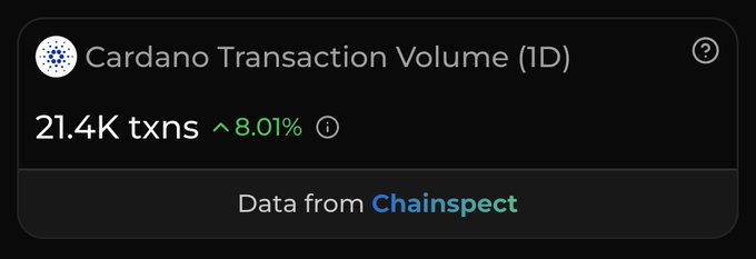 The image displays a Cardano Transaction Volume (1D) widget showing 21.4K transactions with an 8.01% increase, sourced from Chainspect. This data visualization corresponds to the post, illustrating the uptick in Cardano activity with 21,422 transactions processed across the day.