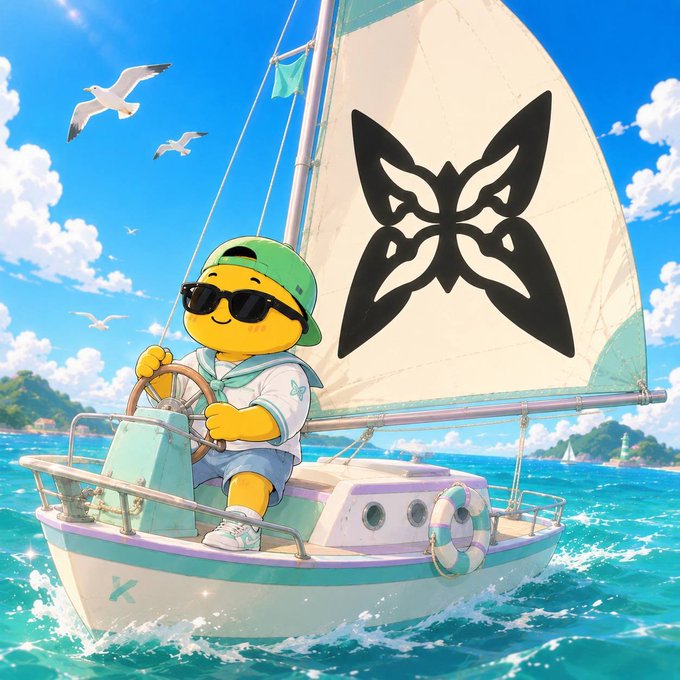 An illustration of a yellow emoji character wearing a green cap and sunglasses, sailing a boat with a butterfly-decorated sail on bright blue waters.