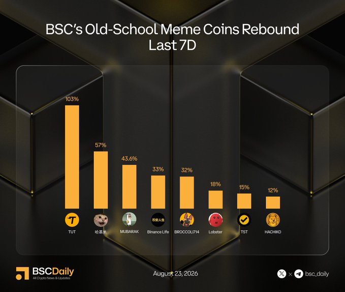 A bar chart titled "BSC's Old-School Meme Coins Rebound Last 7D" displays weekly percentage gains for eight tokens, with $TUT leading at +103%, followed by 哈基米 (+57%), $MUBARAK (+43.6%), Binance Life (+33%), $BROCCOLI714 (+32%), Lobster (+18%), TST (+15%), and HACHIKO (+12%), as reported by BSCDaily on August 23, 2026.