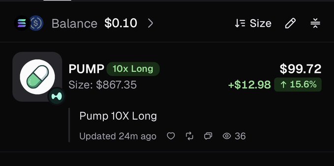 A cryptocurrency trading interface displays a balance of $0.10 and a position labeled 'PUMP' with a '10x Long' tag, showing a size of $867.35, a current price of $99.72, and a profit of +$12.98 (15.6%).