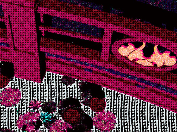 A heavily distorted, glitch-art style image with pink and red dot-matrix patterns showing what appears to be a person near a bed with floral elements.