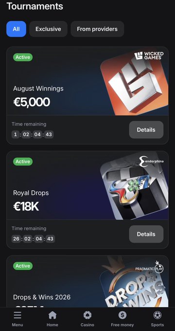 A mobile app screenshot titled 'Tournaments' lists active events including 'August Winnings €5,000' and 'Royal Drops €18K' with countdowns, alongside a bottom navigation bar with 'Menu, Home, Casino, Free money, Sports'.