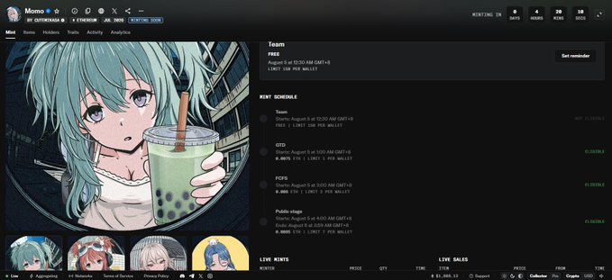 A dark-themed website featuring anime-style avatars with characters named Momo, Krypto, and others, displaying a 'NEXT SCHEDULE' of upcoming events.