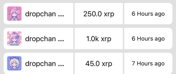 Three recent donations to "dropchan" showing amounts of 250.0 XRP, 1.0k XRP, and 45.0 XRP made within the last 6-7 hours, suggesting growing support and momentum for the @xdropchan project.