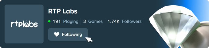 The image shows the Steam profile header of "RTP Labs," which has 191 currently playing users, 3 games, and 1.74K followers, with a "Following" button being clicked. It appears to be the source of a $1,000 giveaway where ten winners each received $100 sent to their Stake accounts.