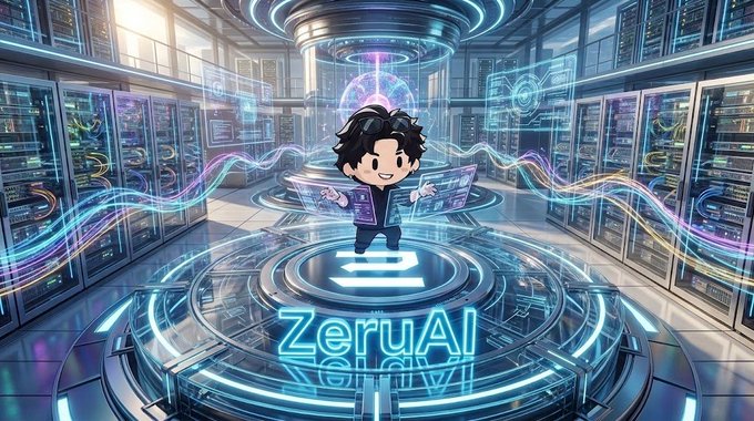 A cartoon avatar stands on a futuristic platform labeled "ZeruAI" in a glowing data center filled with server racks and holographic displays. The image visually represents the ZeruAI platform mentioned in the post, illustrating how the AI-driven trading system transforms past trading history into Zaps points for users to earn whitelist spots.