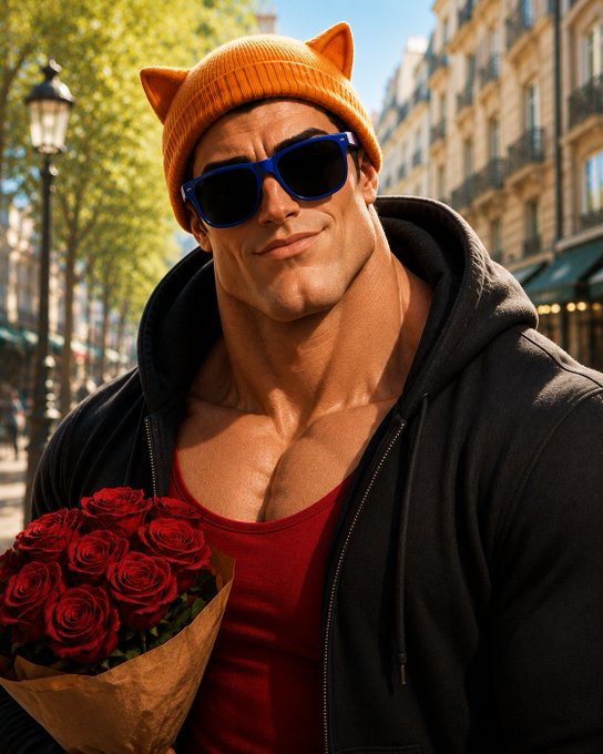 A muscular man wearing an orange cat-ear beanie, blue sunglasses, and a black hoodie holds a bouquet of red roses in a Parisian street setting. The image complements the post's theme of an exciting in-person reunion, with the roses symbolizing the romance of meeting a longtime Web3 friend in person after years online.