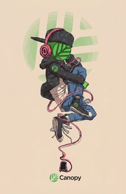An illustration features a figure with a green striped mask, headphones, and a cap, jumping in mid-air with a trailing pink cord, set against a large green logo and labeled 'Canopy' at the bottom.