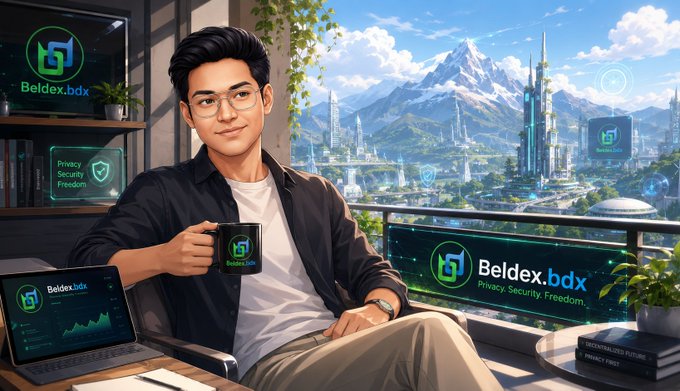 A promotional illustration for Beldex.bdx ("Privacy. Security. Freedom.") featuring a young man with glasses holding a branded mug in a futuristic high-rise office overlooking a sci-fi cityscape with mountains.