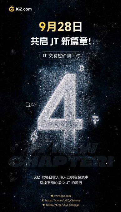 A dark starry countdown graphic displays "4 DAY" prominently in a dusty white font, with Chinese text reading "9月28日 共启JT新篇章!" (September 28th - Let's start a new JT chapter!) and "JT交易挖矿倒计时" (JT trading mining countdown), along with a small Bitcoin logo and diamond icon. The bottom text in Chinese states that JGZ injects daily revenue into a repurchase pool to continuously reduce JT circulation, with website links www.jgz.com and social handles @JGZ_Chinese on Telegram and Twitter/X, aligning with the post's note about the 4-day countdown to JT trading mining launch on September 28th.