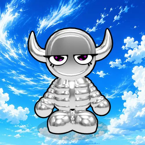 A shiny metallic cartoon character with horns and purple eyes sitting against a bright blue sky with white clouds.