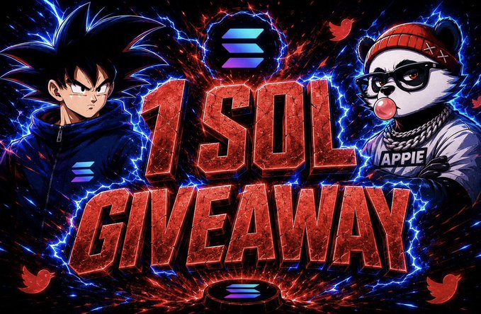A vibrant promotional graphic announcing a '1 SOL GIVEAWAY' featuring a Goku-like anime character and a panda character labeled 'APPIE'.