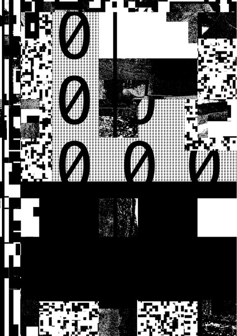 A chaotic black-and-white pixelated composition resembling corrupted data or a QR code, featuring slashed zero symbols and distorted imagery.