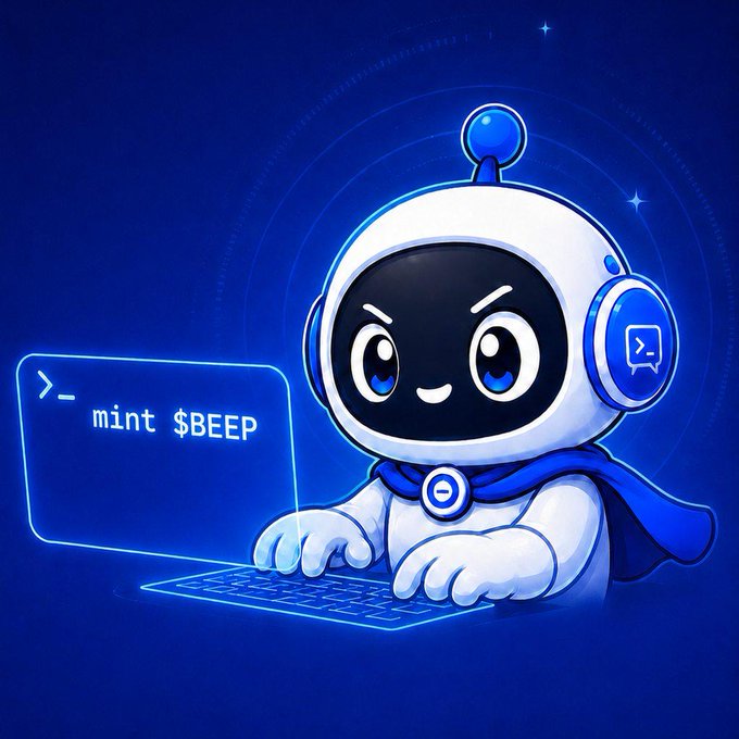 The image features a cartoon robot with blue eyes, white body, and a blue hat sitting at a computer keyboard typing. The background of the image is blue with white text that reads "mint $BEEP". This suggests that the robot might be an agent or a character in a virtual world created by minting digital currency.