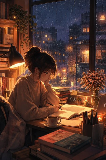 An anime-style illustration of a young woman studying at a desk by a window on a rainy night, with city lights, books, and a coffee cup visible.