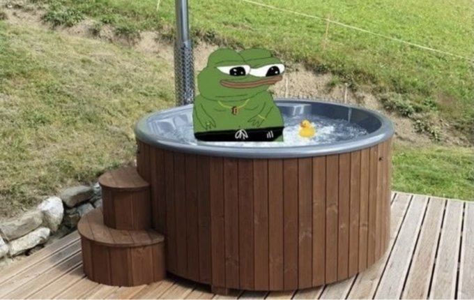 A Pepe the Frog meme is digitally overlaid sitting in a wooden hot tub with a rubber duck on a deck overlooking a grassy area.