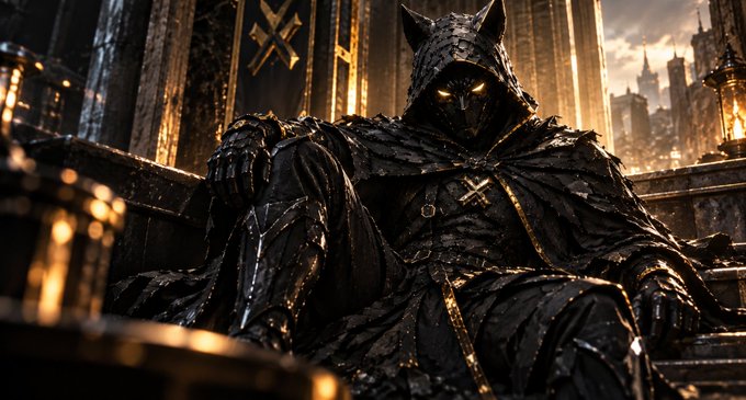 A dark, hooded figure with glowing eyes sits on a throne in a gothic, shadowy setting, exuding an aura of mystery and power. The image's brooding, steadfast energy mirrors the post's message of resilience, encouraging viewers to stay strong and not let setbacks define the bigger picture.
