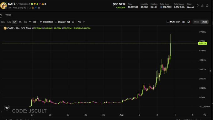 A TradingView chart for the CATE/USDT pair on Solana shows a dramatic price surge, with the token's market cap climbing from around $0.02M to $65.52M (+24.67%), illustrating the post's claim of a rapid "bullrun" from a $5M to $65M market cap. The visible chart spike and the reference code "JSCULT" reinforce the image's context as promotional content highlighting CATE's explosive growth as a derivative memecoin.