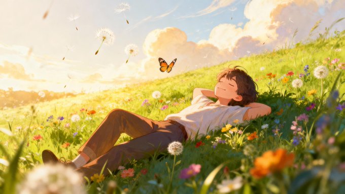 An anime-style illustration of a young boy with dark hair sleeping peacefully in a sunny field of wildflowers and dandelions, with a butterfly flying nearby.