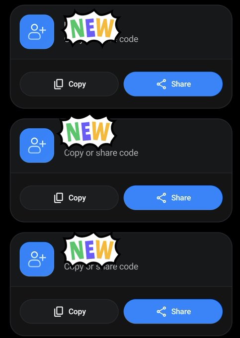 Mobile app UI showing three stacked notification cards with 'NEW' badges, each containing a 'Copy' and 'Share' button for invite/referral codes.