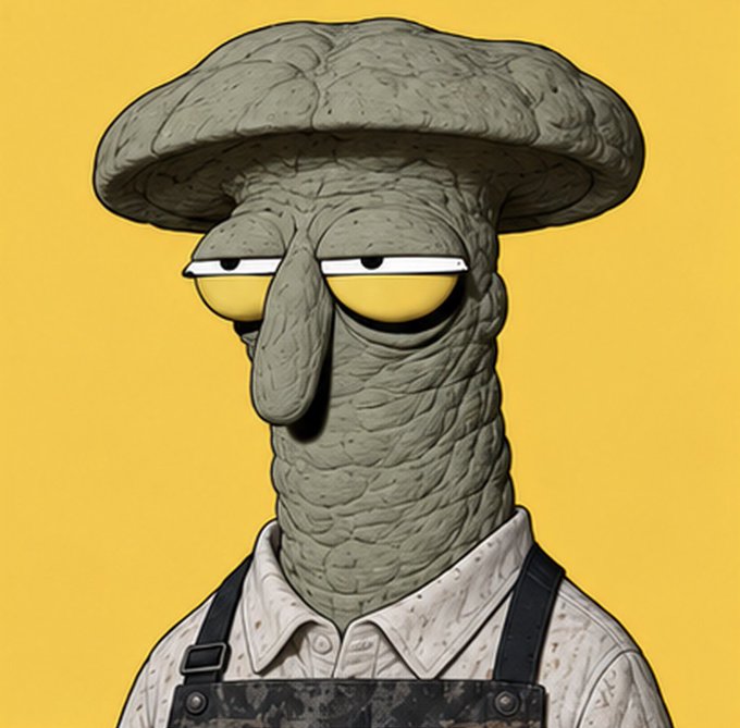 A grumpy, mushroom-shaped cartoon character with droopy yellow eyes and wrinkled gray-green skin wears dirt-stained overalls, looking unamused against a yellow background—perfectly capturing the "I don't have the money and refuse to bother you" vibe of muting friends who share crypto tickers like X.