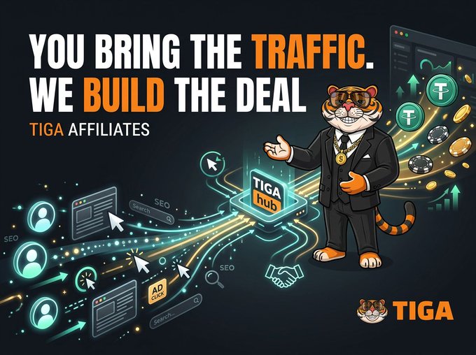 A promotional graphic for 'TIGA AFFILIATES' with the slogan 'YOU BRING THE TRAFFIC, WE BUILD THE DEAL.' It features a cartoon tiger mascot in a suit with sunglasses and gold chain, alongside a 'TIGA hub' interface and icons representing SEO, ad clicks, and cryptocurrency coins.