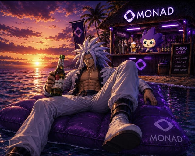 The image features a man sitting on an inflatable raft, holding a beer bottle while enjoying his time at the beach during sunset. The background includes palm trees and a bar with a purple sign that reads "Monad Summer". This suggests that the photo is related to Monad summer or a similar theme, possibly promoting a product or service associated with the beach or summertime experience.