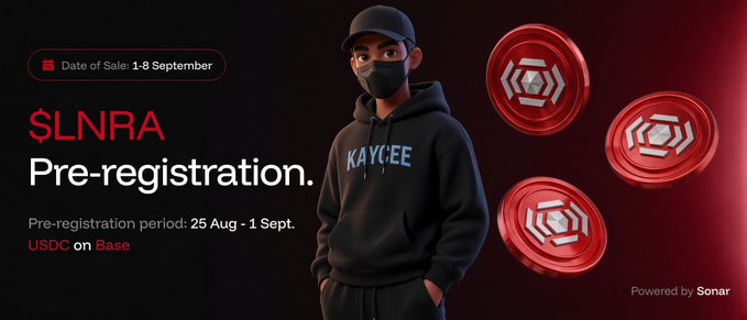 A promotional image for '$LNRA Pre-registration' dated 1-8 September, featuring a 3D character in a KAYCEE hoodie next to red coin icons.