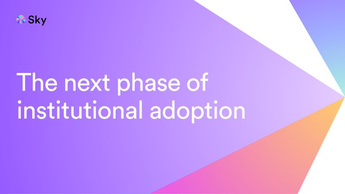 A presentation slide branded with "Sky" features the headline "The next phase of institutional adoption" set against a purple, orange, and blue geometric gradient background, visually introducing the Sky Ecosystem's vision for institutional stablecoin capital allocation networks.