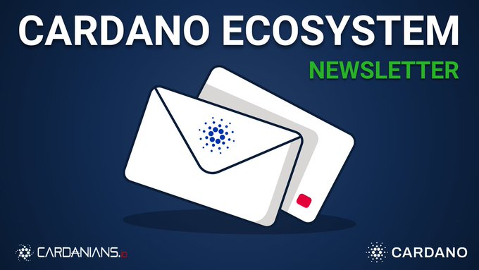 The image is a newsletter cover featuring a dark blue background with an illustration of two stacked envelopes—one white envelope displaying the blue Cardano logo, partially covering a gray envelope with a red seal. Bold white and green text reads "CARDANO ECOSYSTEM NEWSLETTER," with the "CARDANIANS" and "CARDANO" logos at the bottom. The envelope imagery directly reinforces the newsletter theme highlighted in the post, visually representing the delivery of Cardano ecosystem updates like $ADA's x402 integration and SundaeSwap v4's mainnet launch.