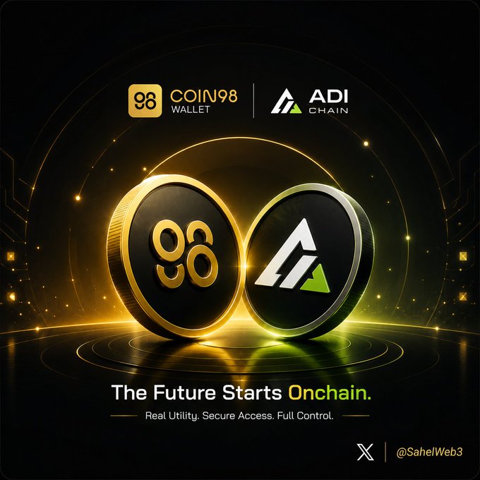 A promotional graphic featuring the Coin98 Wallet and ADI Chain logos above two metallic coins displaying their respective emblems, with the tagline "The Future Starts Onchain. Real Utility. Secure Access. Full Control." — visually representing the integration and campaign announcement highlighted in the post.