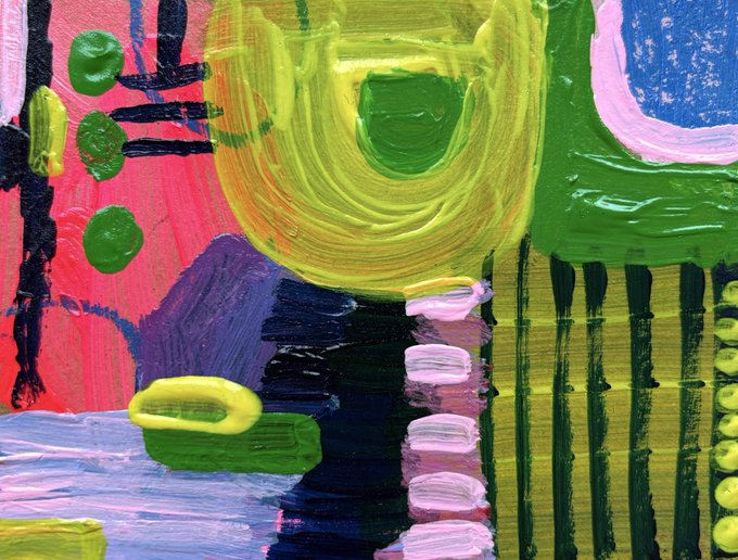 Abstract painting with thick brushstrokes in vibrant colors including pink, green, yellow, and black.