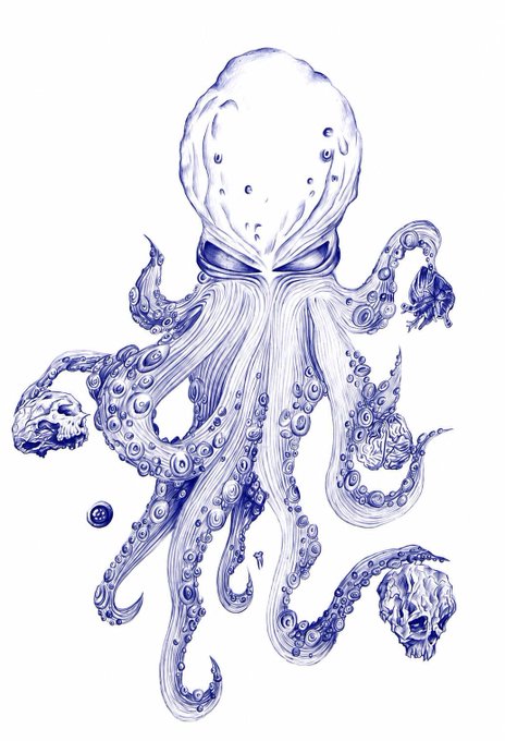 A detailed blue ink illustration of an octopus with its tentacles extending downward and curling at the tips, accompanied by small floating objects and skulls. The artwork appears to be part of a series called "The Eight Hungers" (7/10), as referenced in the #TezosTuesday NFT post, with the remaining edition of 25 likely minted on the Tezos blockchain ($XTZ).