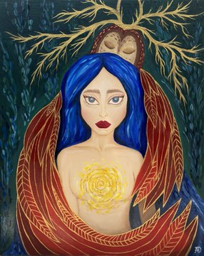 The image features a woman with blue hair, wearing red clothing, and surrounded by gold leaf art that depicts an owl and a tree. The painting has a dark green background, which contrasts with the vibrant colors of the woman's outfit and the golden elements in the artwork. The post is titled "Something Yellow Inner Harmony" and includes a link to a website called "tokens/KT19zmn".