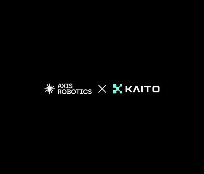 A black image displaying the logos of "AXIS ROBOTICS" and "KAITO" connected by an "X" symbol, indicating a collaboration between the two brands. This visual reinforces the post announcing the new joint campaign between Kaito and Axis Robotics.