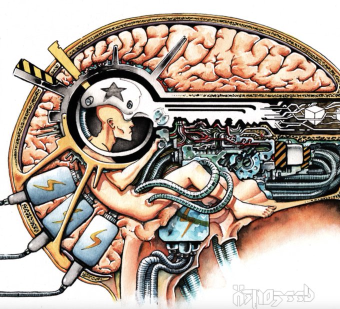 The image features an illustration of a brain with various machines surrounding it, including wires and cables. The brain appears to be connected to these machines, creating a complex network. The image also includes text that reads "bitcoinstore.fr/product/abstra @X3N053D expose à @BTCPrague mais il est aussi dans votre Shop préféré". This suggests that the brain and its surrounding machines are part of an artistic or technological project, possibly related to Bitcoin or cryptocurrency technology.

The image is accompanied by a caption that provides additional information about the artwork's context. The artist has chosen to depict these elements in a creative manner, using the brain as a focal point within a larger system of interconnected machines and wires. This unique approach to artistry invites viewers to consider the relationship between the human brain and the digital world represented in the image.