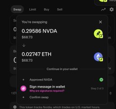 A crypto swap interface showing an exchange of 0.29586 NVDA ($63.73) for 0.02747 ETH ($66.73), with a wallet signature approval prompt and a notice about tracking Nvidia trades on U.S. market hours.