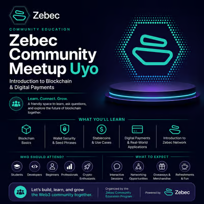 A promotional flyer for the Zebec Community Meetup Uyo focused on blockchain and digital payments education, targeting students, developers, professionals, and crypto enthusiasts.