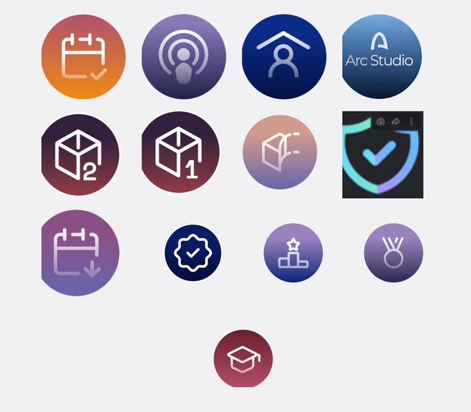 A grid of various circular app or game icons, mostly with purple and blue gradient backgrounds, including one labeled 'Arc Studio' and several depicting cubes, crowns, and shields.