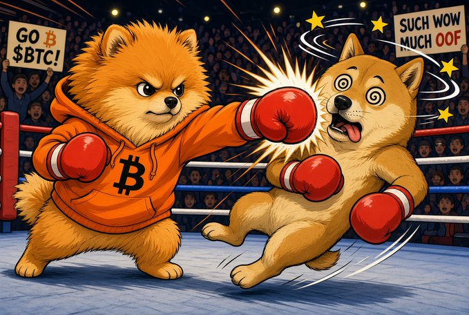 An illustrated boxing match shows a Shiba Inu in an orange Bitcoin hoodie punching a Doge dog, with crowd signs reading 'GO $BTC!' and 'SUCH WOW MUCH OOF'.