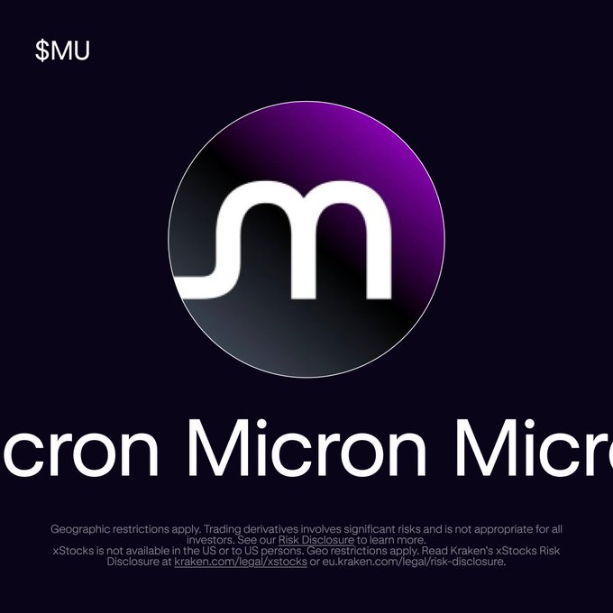 The image is a promotional graphic for Micron (ticker: $MU) on Kraken's xStocks platform, featuring a stylized purple "m" logo above the repeating "Micron" text. It complements the post by announcing the launch of Micron perpetual contracts, directing viewers to trade via the provided Kraken Pro link, while including a disclaimer about geographic restrictions and trading risks.