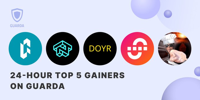 Guarda promotional graphic titled '24-HOUR TOP 5 GAINERS ON GUARDA' displaying five circular cryptocurrency logos including DOYR.