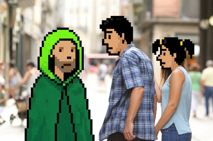 The image features a pixelated character in a green hood superimposed on a real street scene with a couple, visually illustrating the concept of choosing NFTs wisely by contrasting a digital avatar with a realistic setting.
